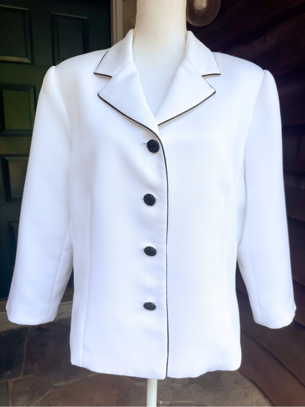 Talbots White Textured Blazer Jacket Black Trim Career Office 3/4 Sleeve Size 18